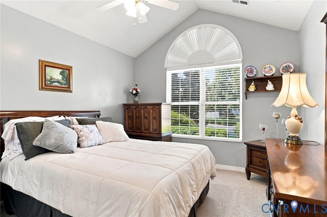 7230 Norwood Pond Court, Midlothian, VA 23112 Vaulted ceiling, arched window with interior blinds, ceiling fan, carpet flooring, and a built-in wall shelf