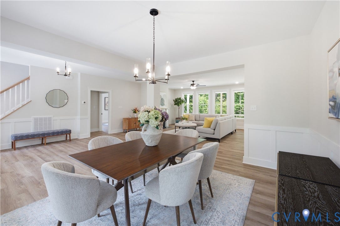 3120 Lake Stone (lot 22) Terrace, Maple Grove, Powhatan, VA 23139 Views to family room. Photo of for-sale home, staged.