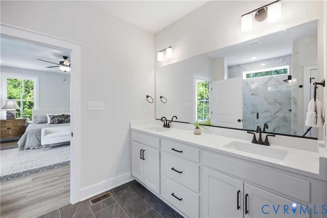 3120 Lake Stone (lot 22) Terrace, Maple Grove, Powhatan, VA 23139 Dual vanities, private water closet, tiled shower with transom, linen closet and large walk-in closet. Photo of for-sale home, staged