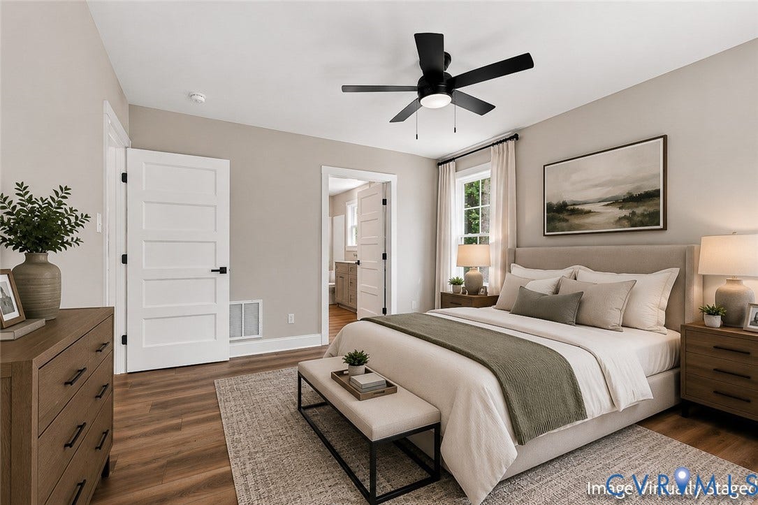 42 Clinton Farm Court, Clinton Farm, Cumberland, VA 23040 Wood-finish flooring, white paneled door, black ceiling fan with integrated lighting, window with white trim, and neutral wall tones