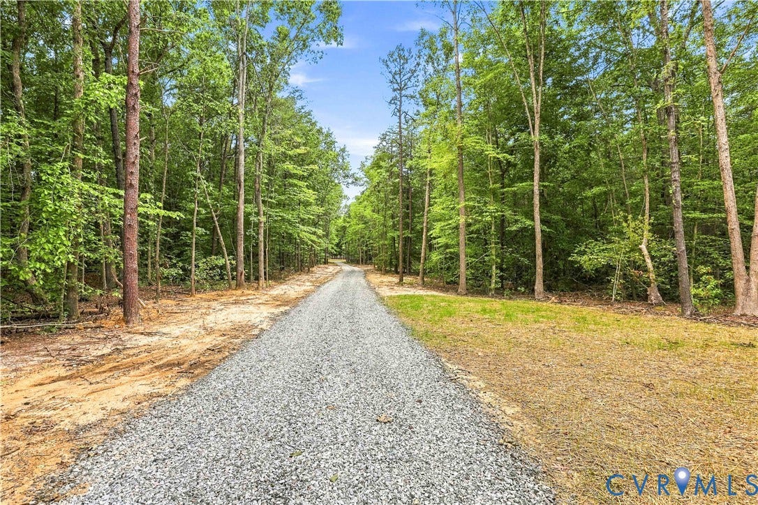 42 Clinton Farm Court, Clinton Farm, Cumberland, VA 23040 Gravel driveway surrounded by mature trees and natural landscaping