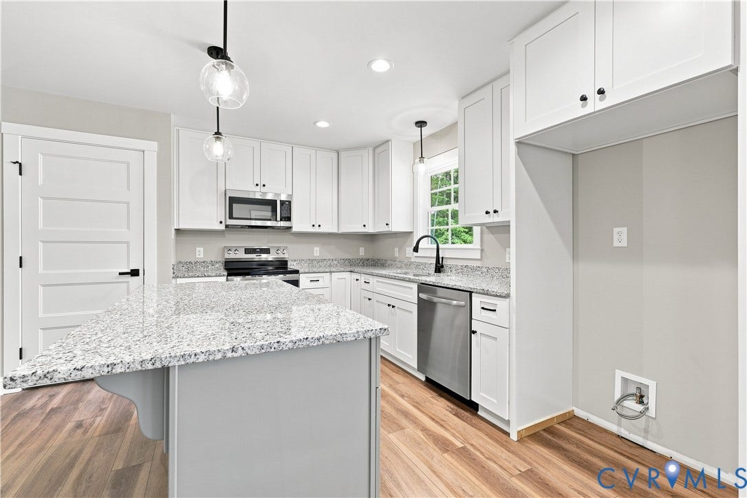 42 Clinton Farm Court, Clinton Farm, Cumberland, VA 23040 Kitchen featuring white cabinetry, granite countertops, stainless steel appliances, a center island with a breakfast bar, and wood-finish flooring