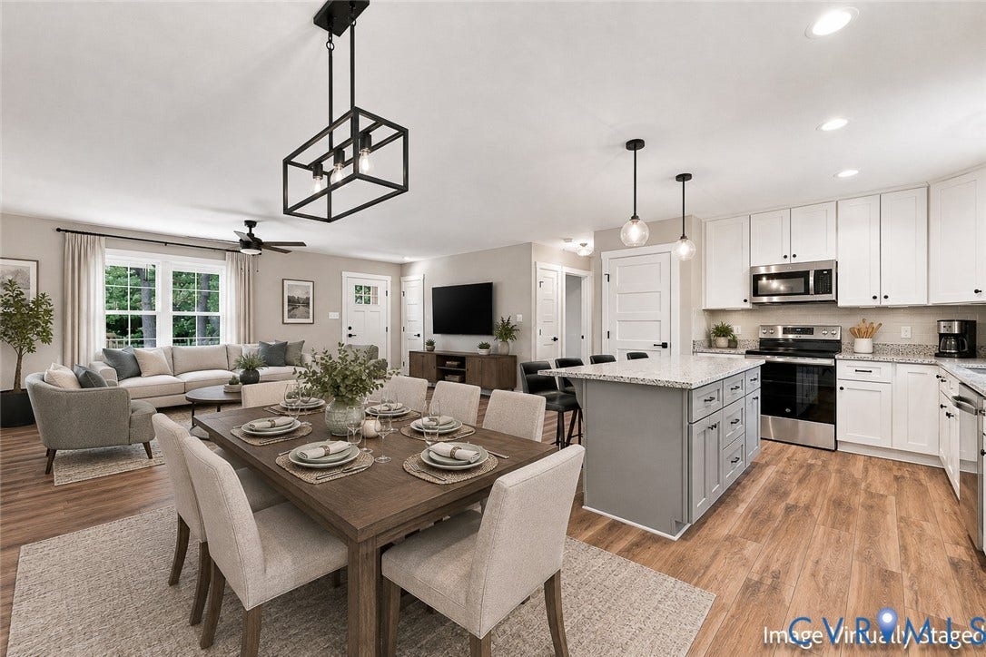 42 Clinton Farm Court, Clinton Farm, Cumberland, VA 23040 Open-concept living area featuring wood-finish flooring, white cabinetry, a kitchen island with seating, stainless steel appliances, and recessed lighting