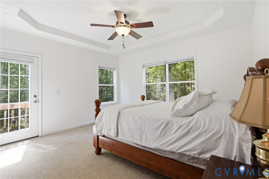 2575 Log Cabin Road, Maidens, VA 23102 Tray ceiling, ceiling fan, white paneled door, multiple windows, and carpet flooring