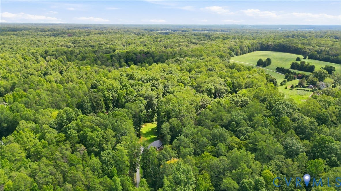 2575 Log Cabin Road, Maidens, VA 23102 Expansive wooded acreage with a distinct clearing, showcasing a distant structure and paved access road