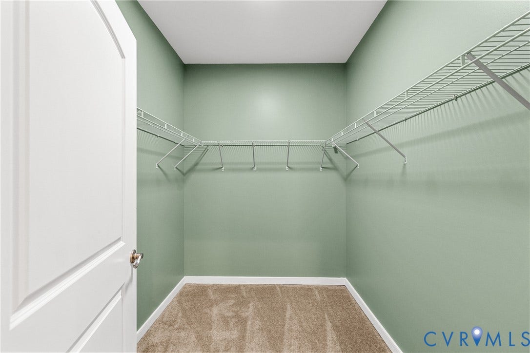 Spacious walk-in closet carpeted flooring