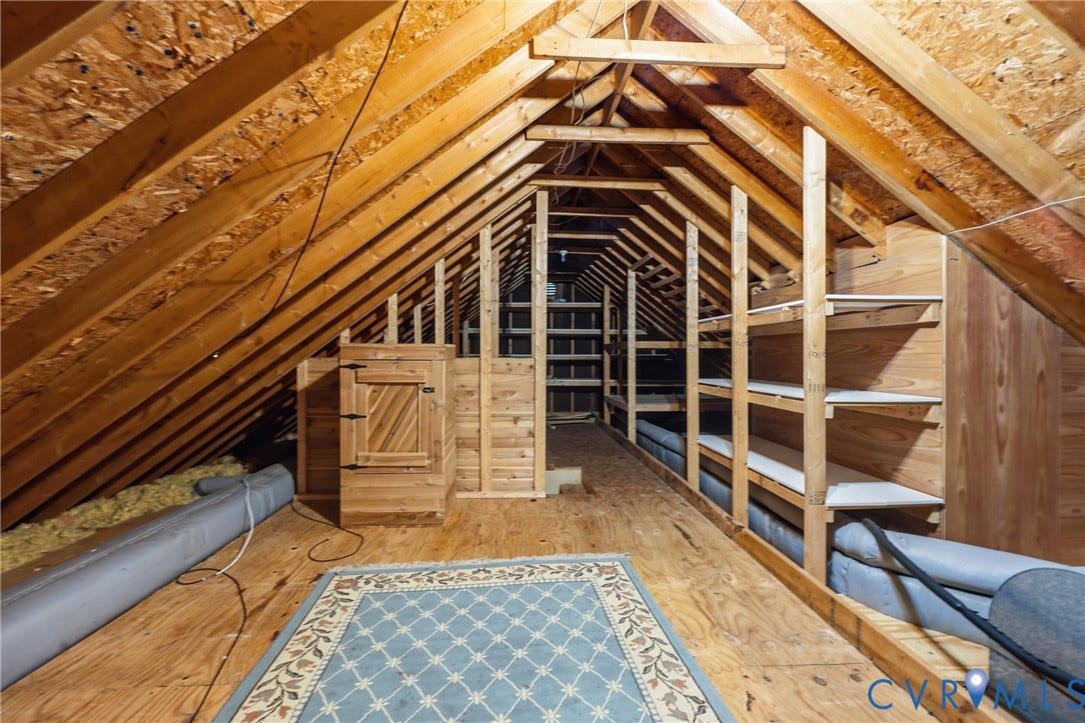 505 Martineau Drive, Chesterfield, VA 23836 Spacious attic with exposed wood framing, built-in shelving, and a wood-finish storage cabinet
