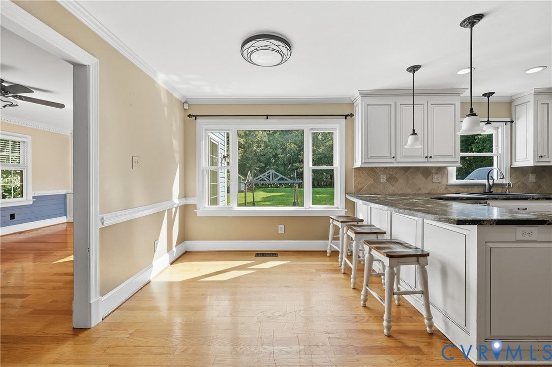 505 Martineau Drive, Chesterfield, VA 23836 Wood-finish flooring, white cabinetry, dark stone countertops, and a tiled backsplash