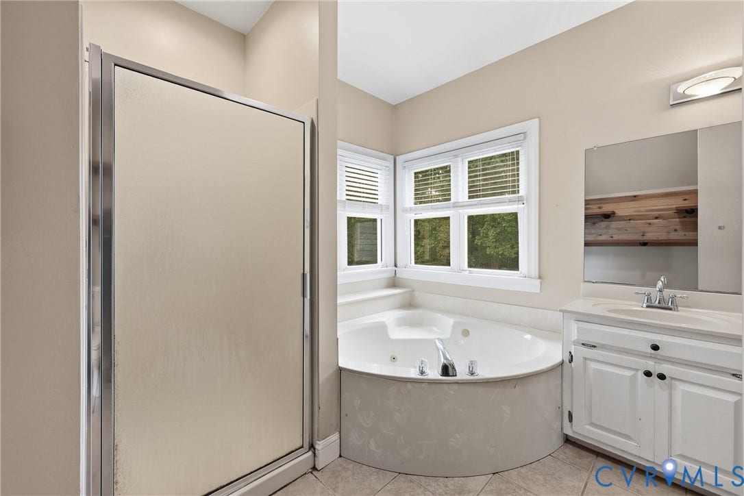 505 Martineau Drive, Chesterfield, VA 23836 Enclosed shower, corner jetted tub, dual pane windows with blinds, single vanity with integrated sink, and overhead lighting