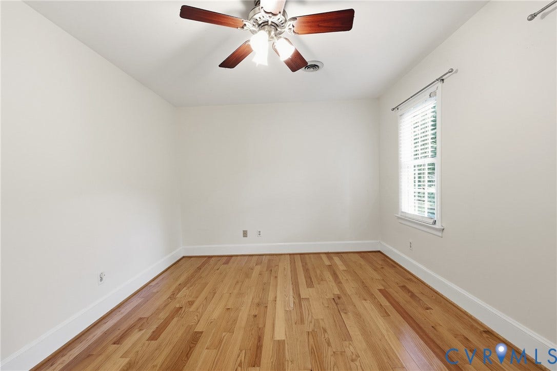 505 Martineau Drive, Chesterfield, VA 23836 Hardwood flooring throughout, bright white walls, white window blinds, and a ceiling fan with light fixture