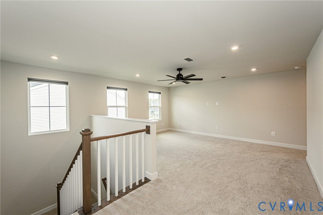 7683 Autumn Leaves Lane, Estates The Groves At New Kent, New Kent, VA 23124 Loft area featuring recessed lighting, a ceiling fan, three windows, and carpet flooring