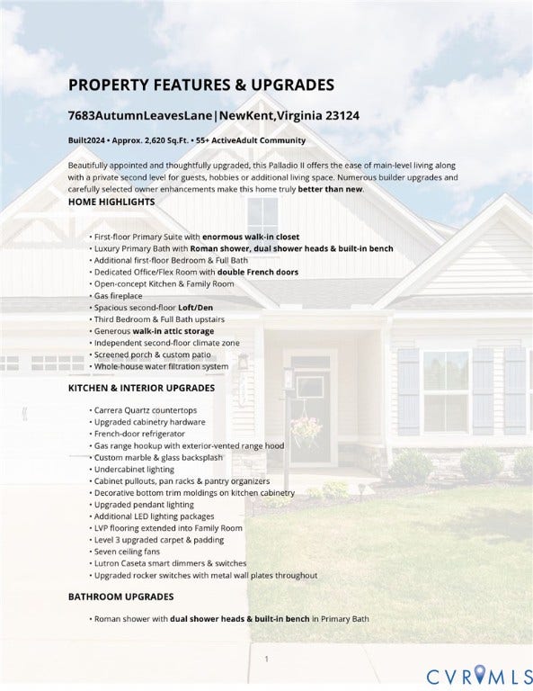 7683 Autumn Leaves Lane, Estates The Groves At New Kent, New Kent, VA 23124 Property Features & Upgrades Document. Detailing the property's specifications, including square footage, and specific upgrades to the kitchen, interior, and bathrooms