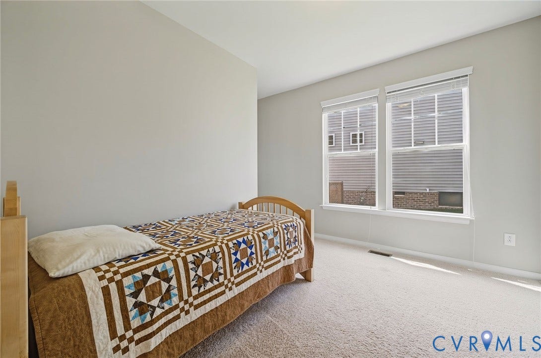 Two double-hung windows with blinds, light-colored carpeting, and light gray wall paint