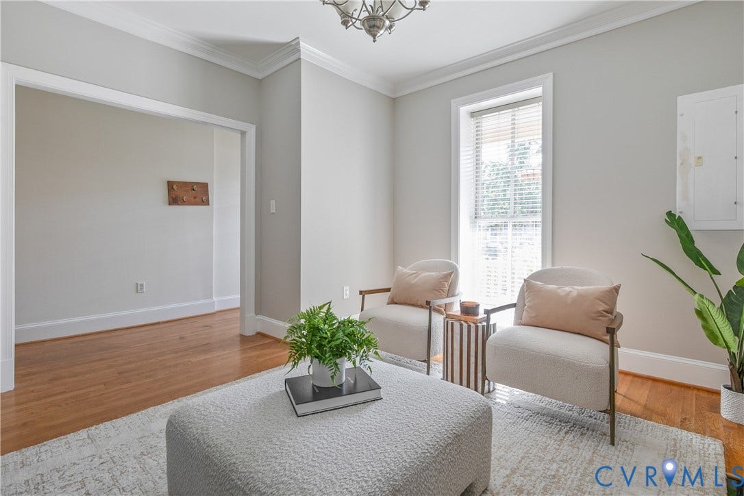 518 N 1st Street, Jackson Ward, Richmond, VA 23219 Hardwood flooring, crown molding, a window with blinds, and recessed lighting
