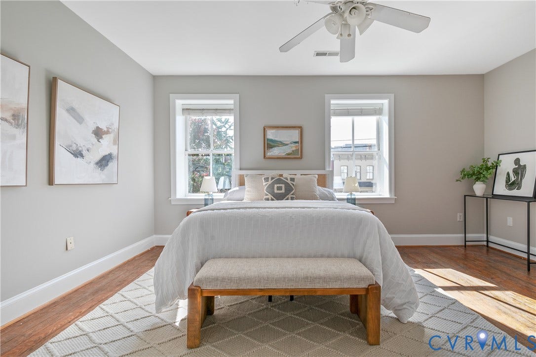 518 N 1st Street, Jackson Ward, Richmond, VA 23219 Recessed lighting, wood-finish flooring, ceiling fan, and two windows with white trim