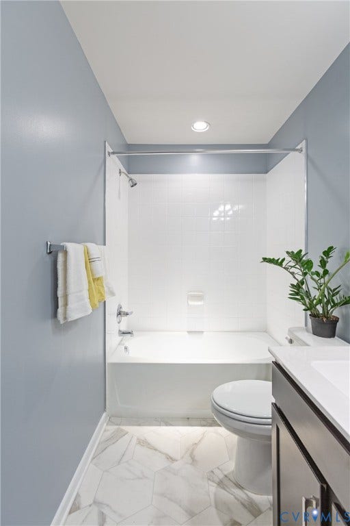 11419 Dunmore Mill Court, Chester, VA 23831 Hexagonal floor tiling, recessed lighting, chrome fixtures, white subway tile shower surround, and a vanity with a white countertop
