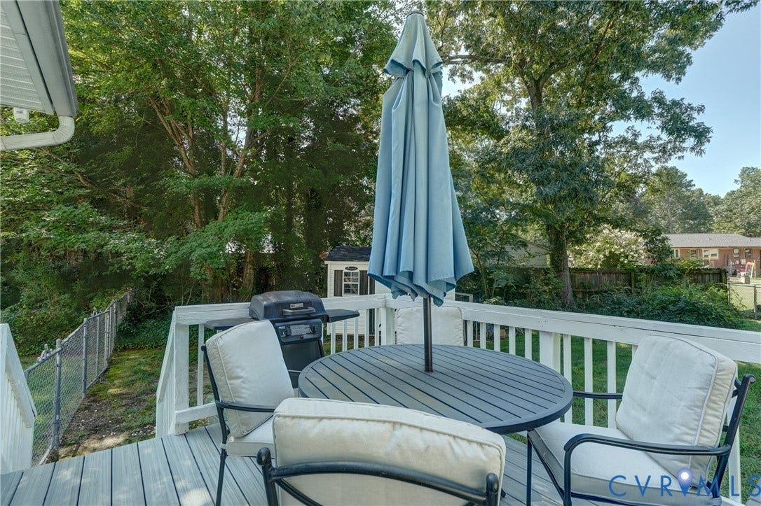 4229 Greenbriar Drive, Chester, VA 23831 Expansive outdoor deck with a chain-link fence and mature trees
