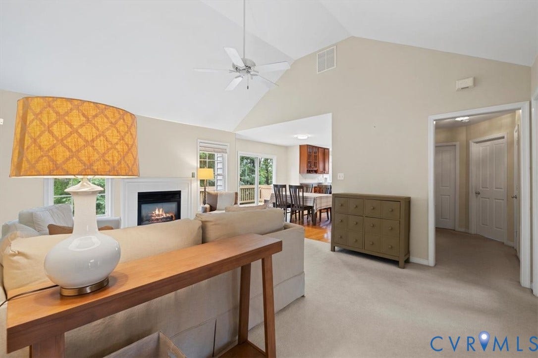 13819 Ashbourne Hollow Circle, Birkdale, Chesterfield, VA 23832 Vaulted ceiling, ceiling fan and gas fireplace with mantel