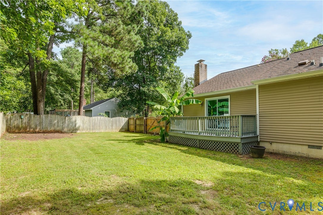4116 Bronholly Road, Chesterfield, VA 23832 Expansive backyard featuring a wood privacy fence, and striking banana plant.