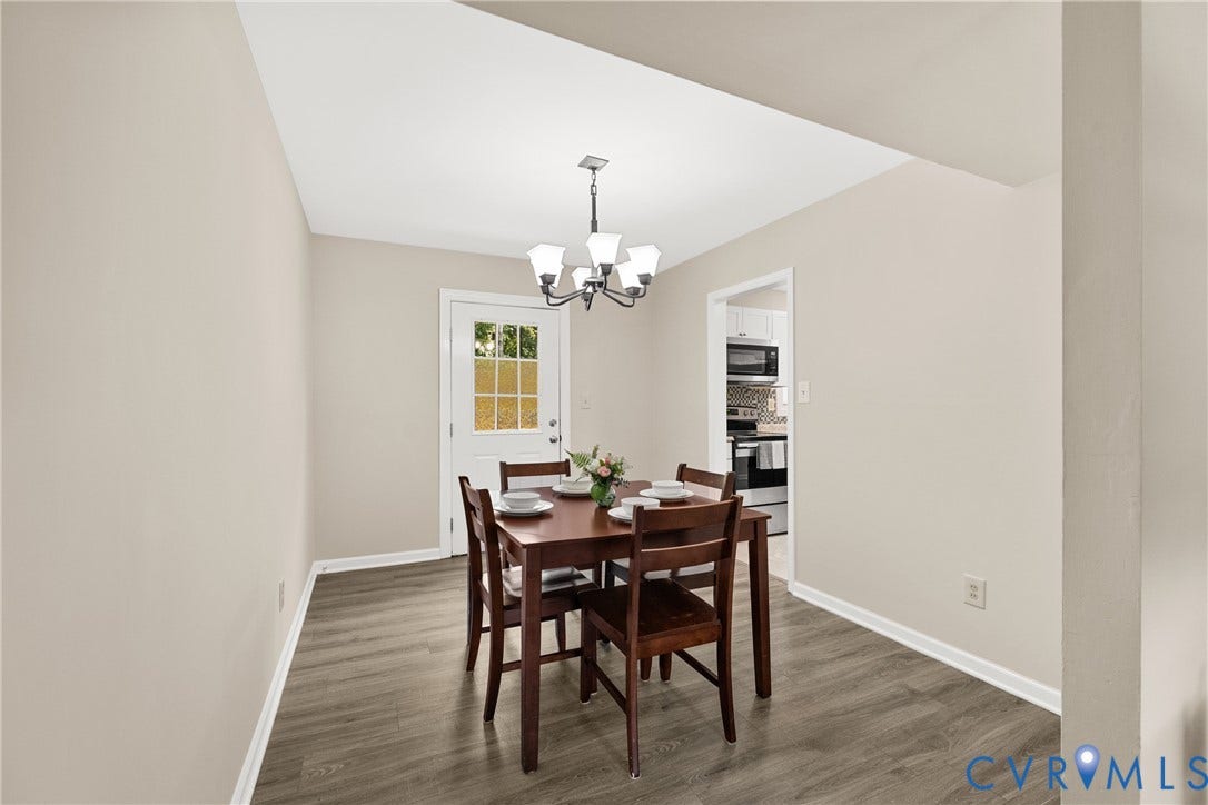 5401 Solaris Drive, Chesterfield, VA 23832 Wood-finish flooring with a ceiling-mounted chandelier