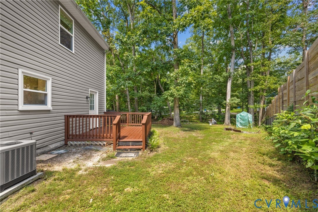 5401 Solaris Drive, Chesterfield, VA 23832 Expansive rear yard featuring a wood privacy fence, mature trees, and a multi-level wood deck