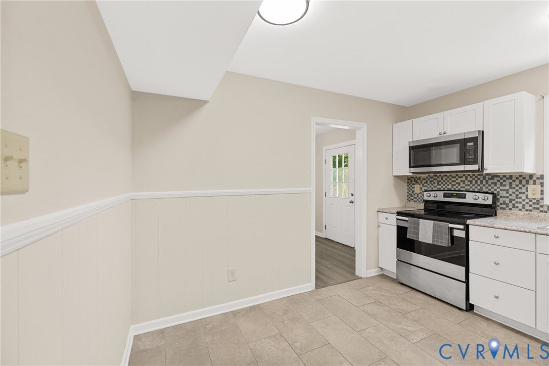 5401 Solaris Drive, Chesterfield, VA 23832 Kitchen featuring white cabinetry, stainless steel appliances, mosaic tile backsplash, and light-toned flooring
