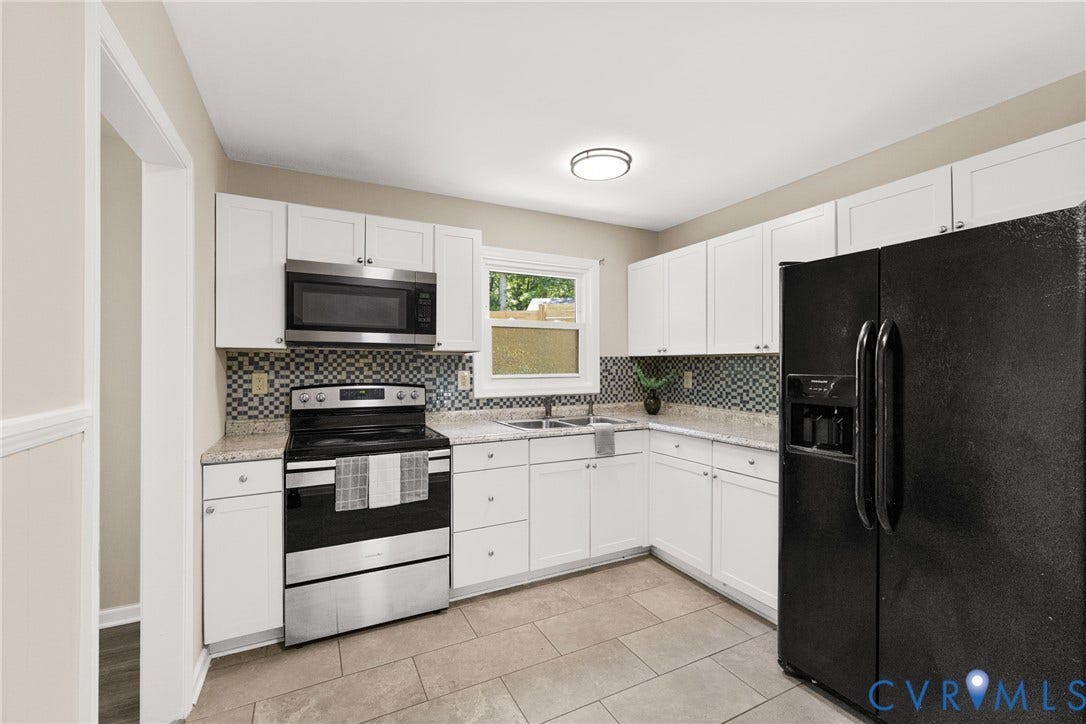 5401 Solaris Drive, Chesterfield, VA 23832 White cabinetry, stainless steel microwave, black range, tile backsplash, and granite-style countertops