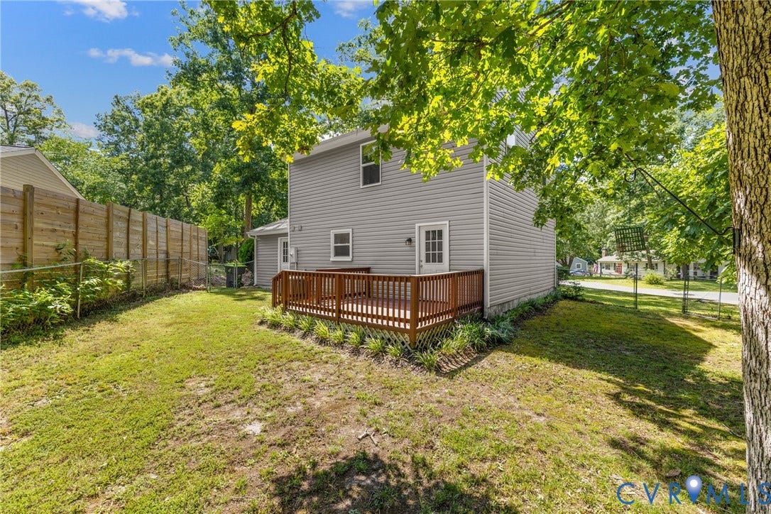 5401 Solaris Drive, Chesterfield, VA 23832 Expansive lawn with a wood privacy fence, a wood deck, and mature trees