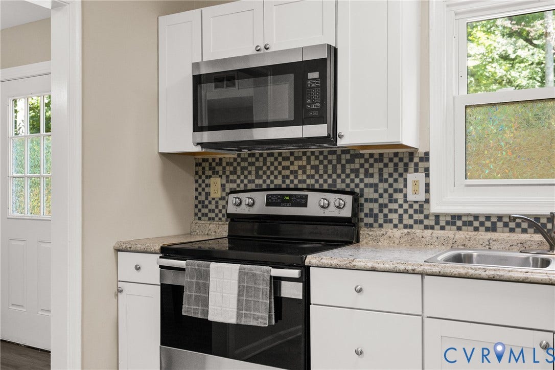 5401 Solaris Drive, Chesterfield, VA 23832 White cabinetry with stainless steel hardware, mosaic tile backsplash, built-in stainless steel microwave, and a window above the sink