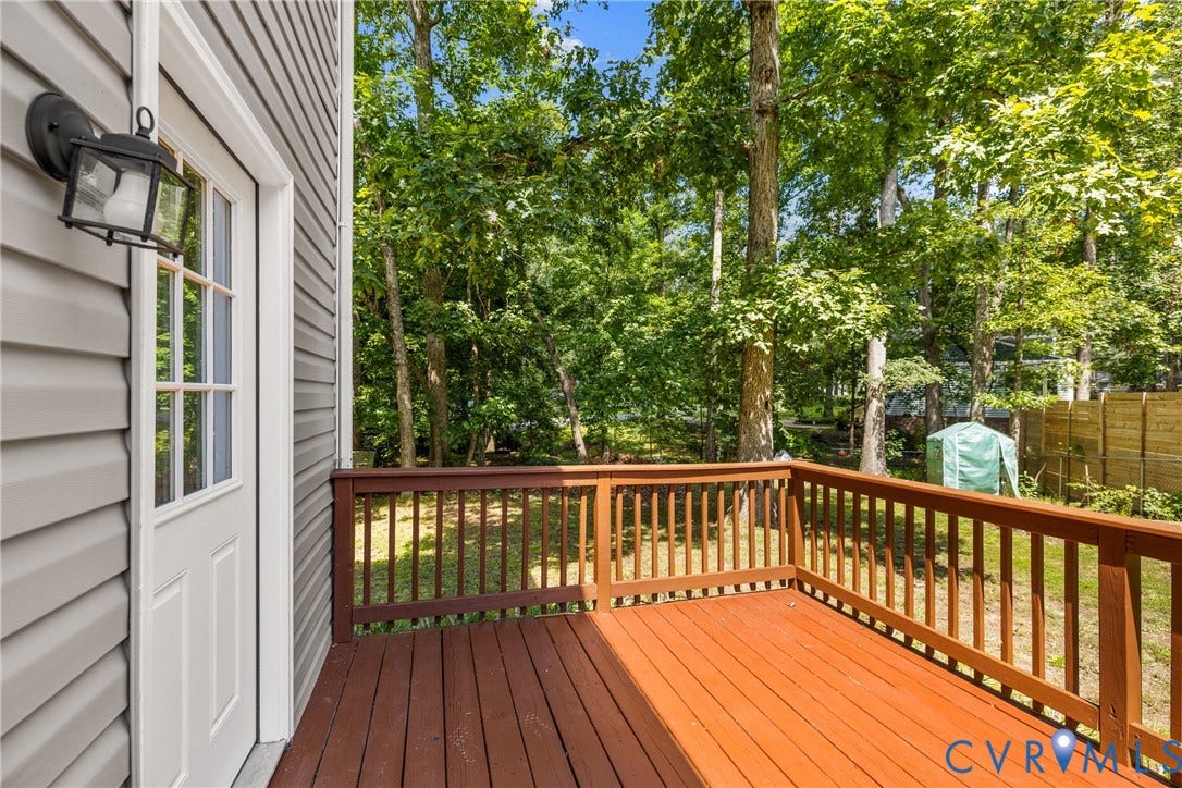 5401 Solaris Drive, Chesterfield, VA 23832 Exterior deck with wood railings, a white paneled door with windowpanes, and dark wall-mounted lighting fixture