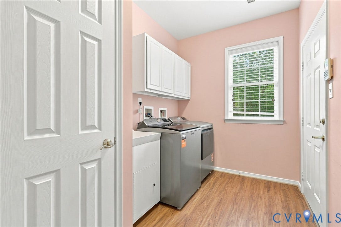 Dedicated utility area featuring wood-finish flooring, white cabinetry, a window with horizontal blinds, and a built-in counter