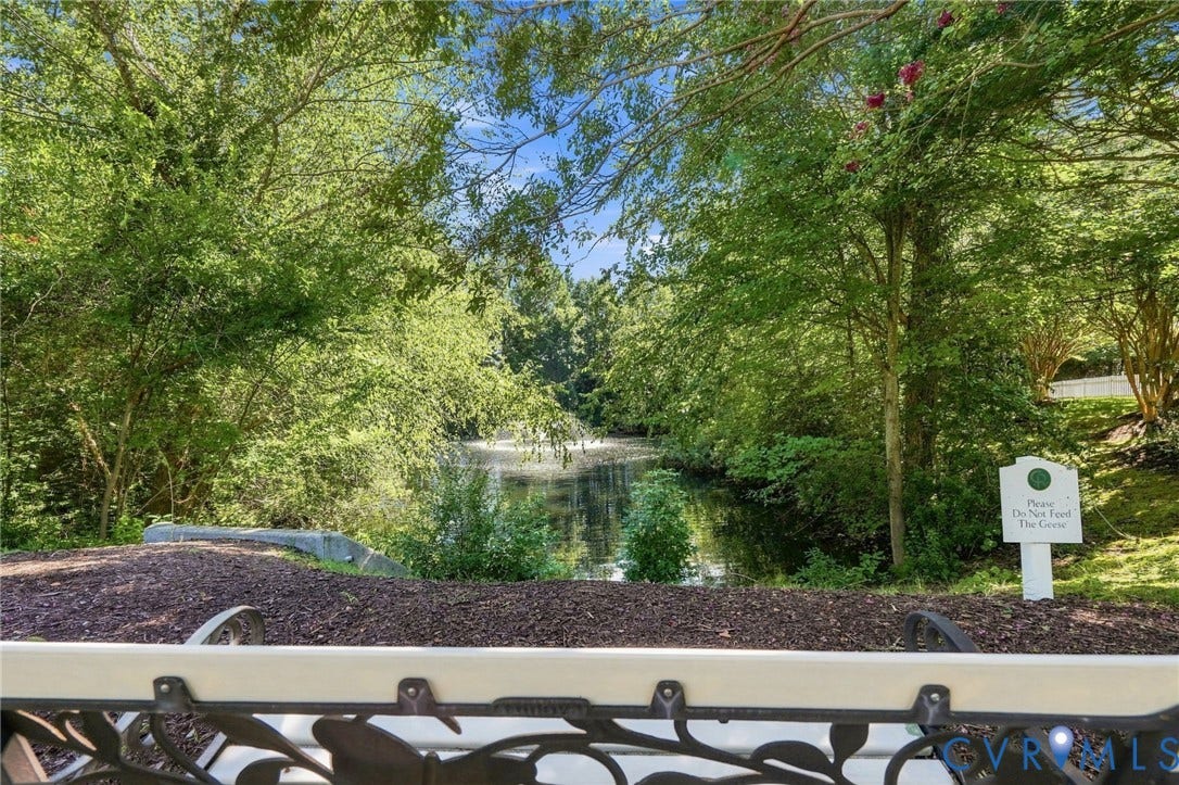 Water feature with fountain surrounded by abundant mature trees and natural landscaping
