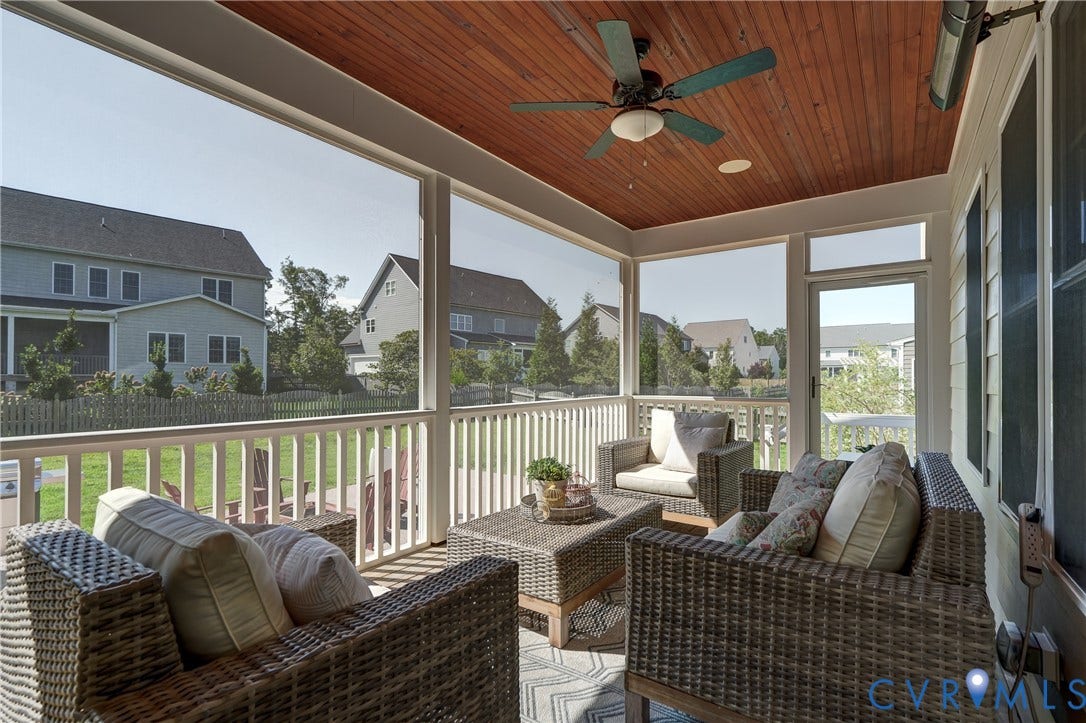11515 Grey Oaks Estates Run, Grey Oaks Estates, Glen Allen, VA 23059 Screened porch with wood-finish ceiling, ceiling fan, white railings, and exterior door