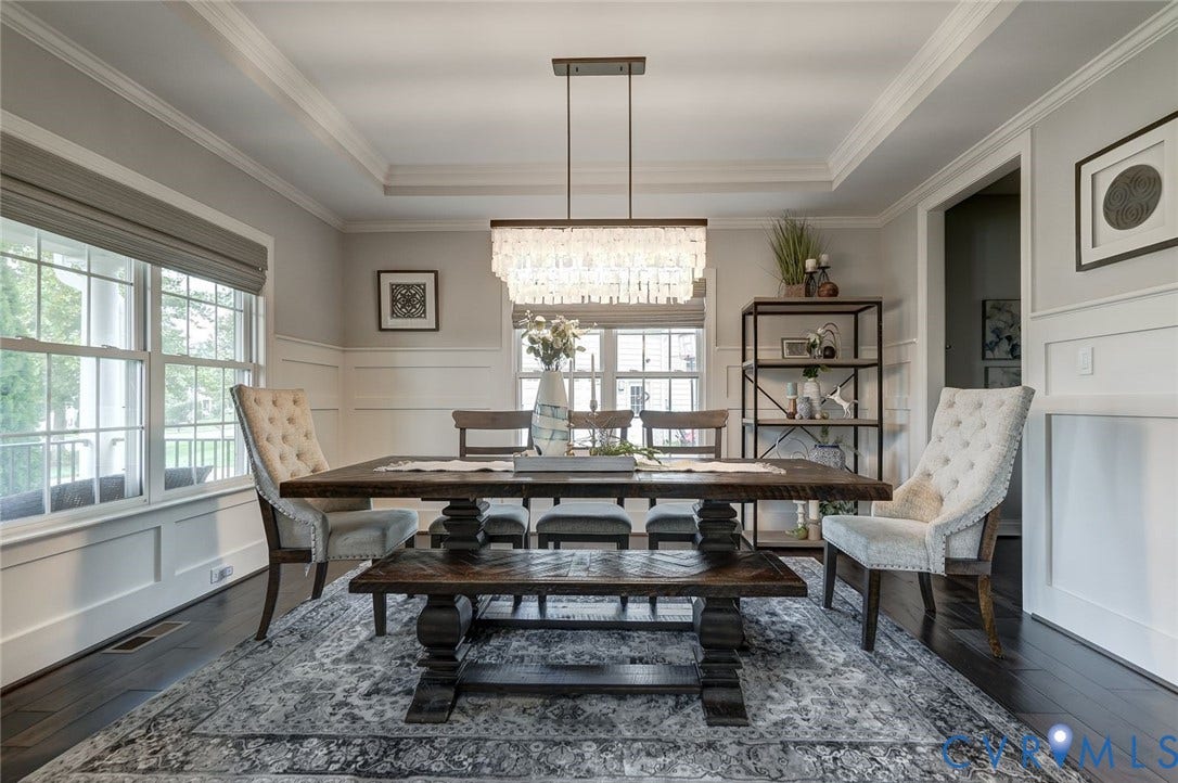 11515 Grey Oaks Estates Run, Grey Oaks Estates, Glen Allen, VA 23059 Spacious Dining room with tray ceiling, wainscotting, custom shades and a beautiful chandelier.
