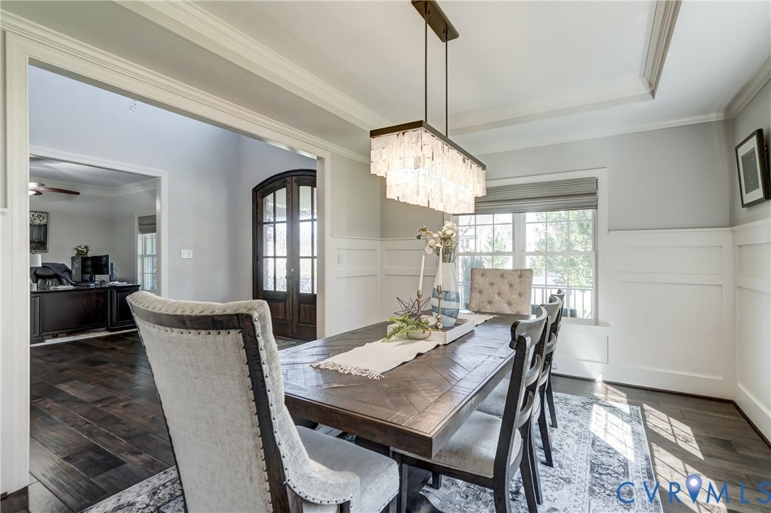 11515 Grey Oaks Estates Run, Grey Oaks Estates, Glen Allen, VA 23059 Wide plank wood-finish flooring, white paneled wainscoting, and a decorative coffered ceiling