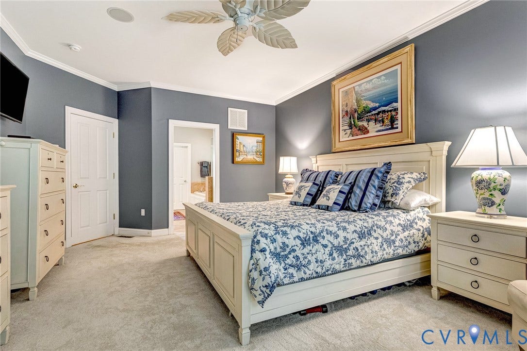 Plush carpet flooring, crown molding, ceiling fan, and white painted trim