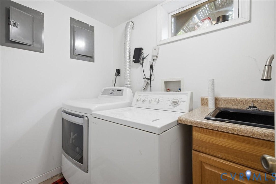 4702 New Kent Avenue, Westover Hills, Richmond, VA 23225 Laundry area with a built-in utility sink, wood-finish cabinetry, and a window