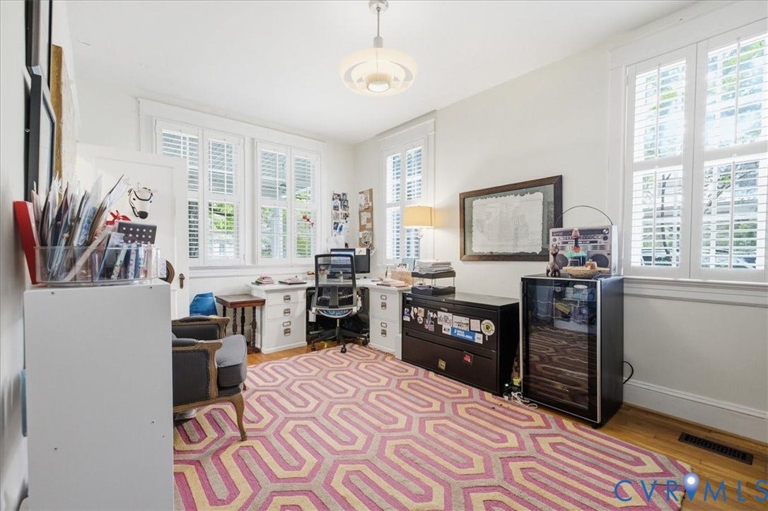 4702 New Kent Avenue, Westover Hills, Richmond, VA 23225 Main floor used in photo as office with hardwood flooring, multiple windows with plantation shutters, ceiling-mounted light fixture
