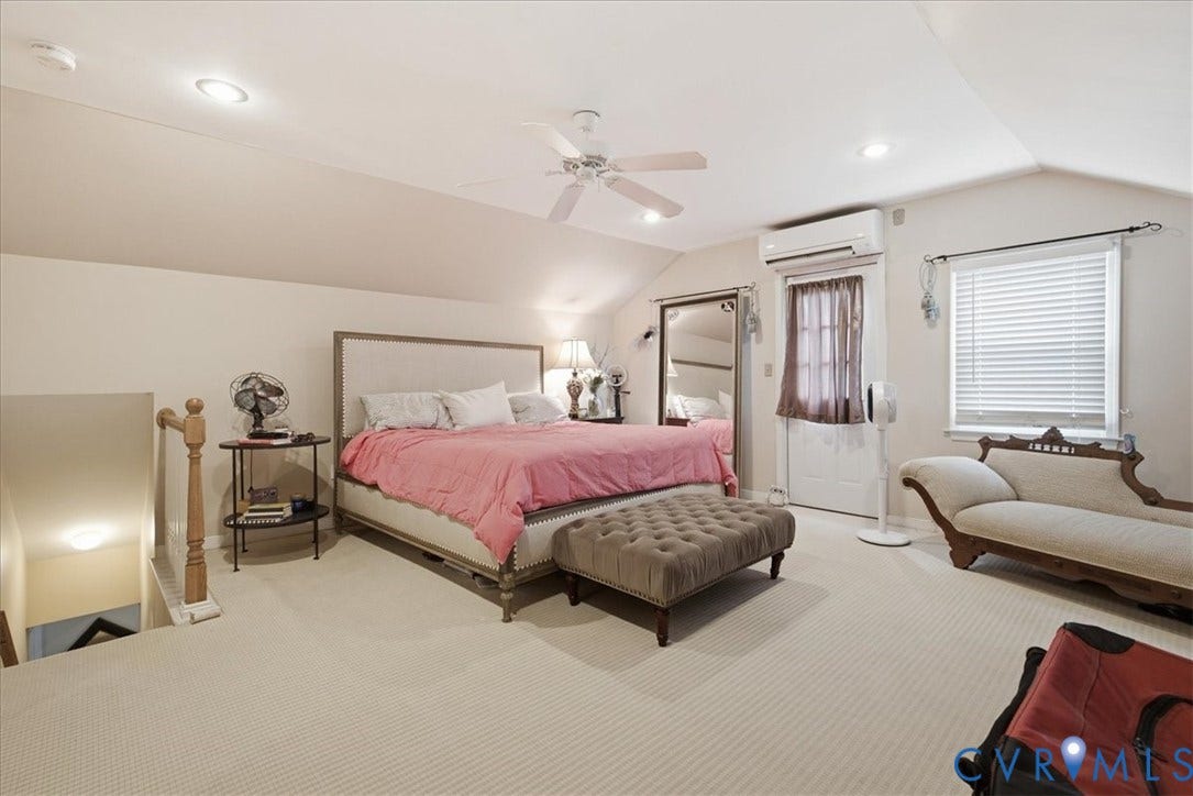 4702 New Kent Avenue, Westover Hills, Richmond, VA 23225 Second level Carpeted flooring, sloped ceiling with recessed lighting, ceiling fan, window with blinds, and a built-in split air conditioning unit