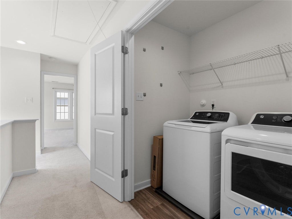 14227 Michaux Village Drive, Winterfield Park, Midlothian, VA 23113 Dedicated laundry area with wood-finish flooring, wire shelving, and overhead lighting