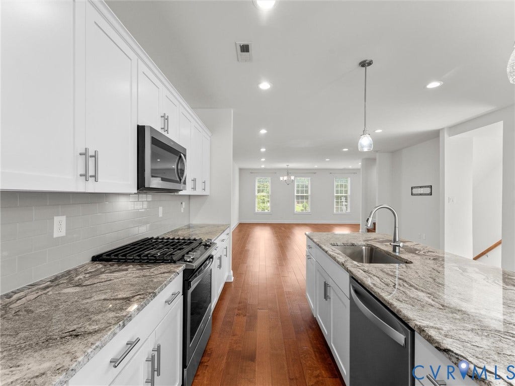 14227 Michaux Village Drive, Winterfield Park, Midlothian, VA 23113 Kitchen featuring white cabinetry, gray subway tile backsplash, stainless steel appliances, and stone countertops