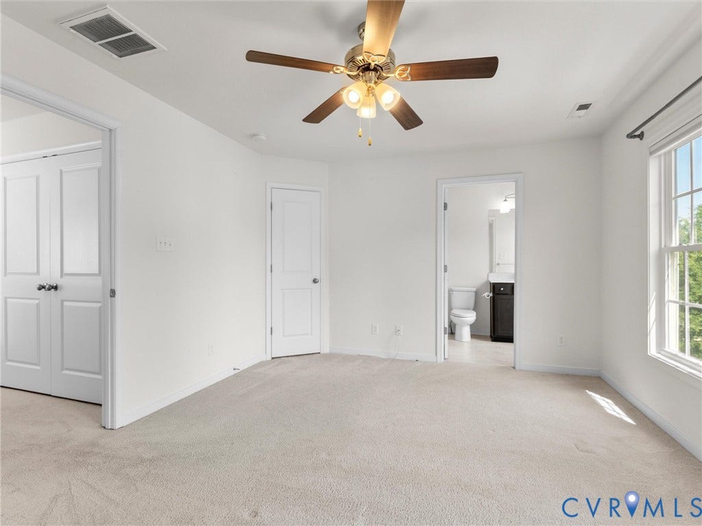 14227 Michaux Village Drive, Winterfield Park, Midlothian, VA 23113 Carpeted room featuring a ceiling fan with integrated lighting, a window with a curtain rod, and white panel doors