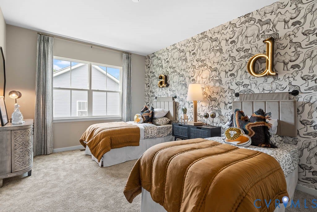 16074 Greenhart Drive, Chesterfield, VA 23832 Textured wallpaper accent wall, plush carpeting, upholstered headboards, double pane window, and decorative lighting fixtures