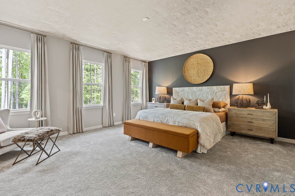16074 Greenhart Drive, Chesterfield, VA 23832 Spacious room featuring multiple double-hung windows, a patterned accent wall, and light-colored carpeting