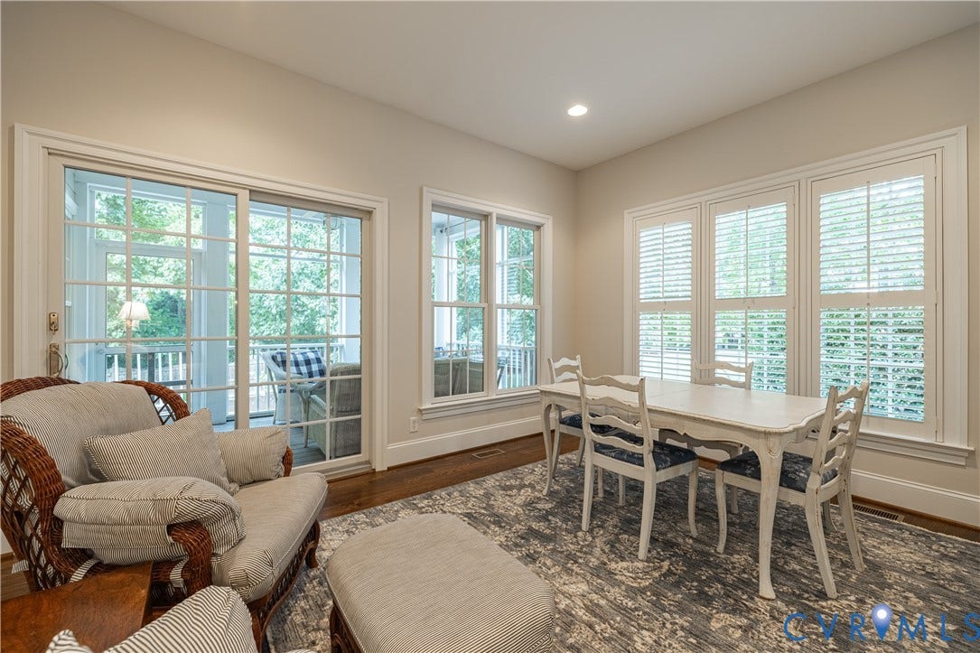 12917 Holmbank Lane, Henrico, VA 23233 Sliding glass patio door, multiple windows with plantation shutters, recessed lighting, and wood-finish flooring
