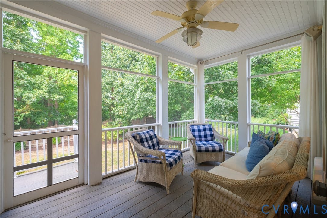 12917 Holmbank Lane, Henrico, VA 23233 Screened porch featuring a white beadboard ceiling, overhead ceiling fan