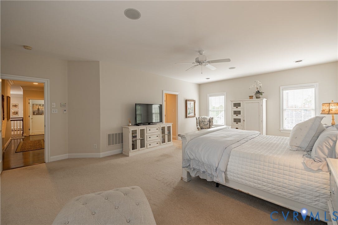 12917 Holmbank Lane, Henrico, VA 23233 Recessed lighting, ceiling fan, carpeted flooring, multiple windows, and neutral wall tones