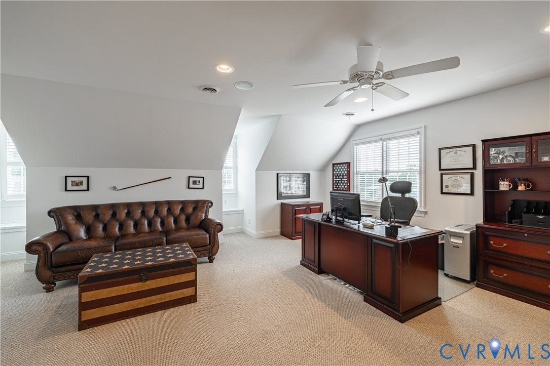 12917 Holmbank Lane, Henrico, VA 23233 Carpeted room featuring a ceiling fan, recessed lighting, and multiple windows with blinds