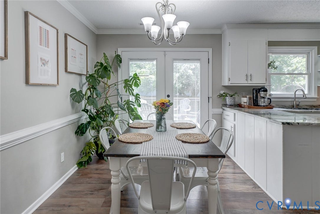 4647 Brookridge Road, Chesterfield, VA 23832 Wood-finish flooring, white cabinetry, integrated sink, granite countertops, and a white framed glass-panel door