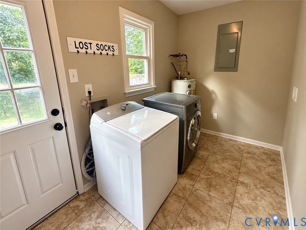 4647 Brookridge Road, Chesterfield, VA 23832 Laundry area featuring a utility door with windowpanes, a window with exterior views, and tile flooring
